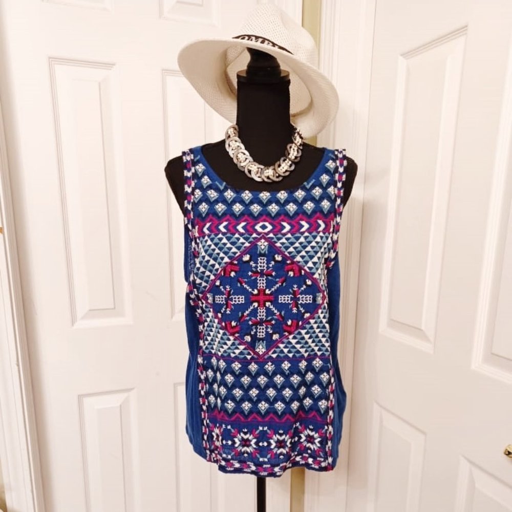 NWD Lucky Brand Denim Blue Hand Embroidered Tank Top XL Orig$78+Tax